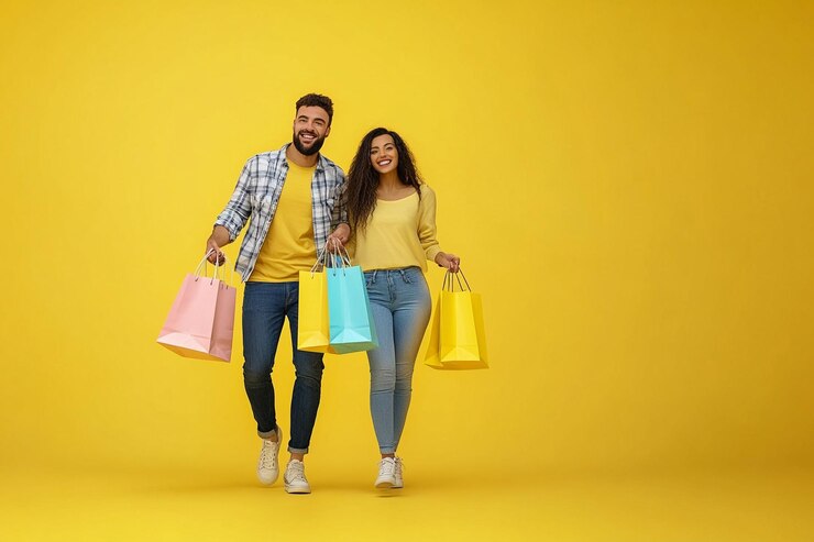 Foto um casal caminhando carregando sacos de compras olhando felizmente para a câmera sessão de fotos de corpo inteiro isolado