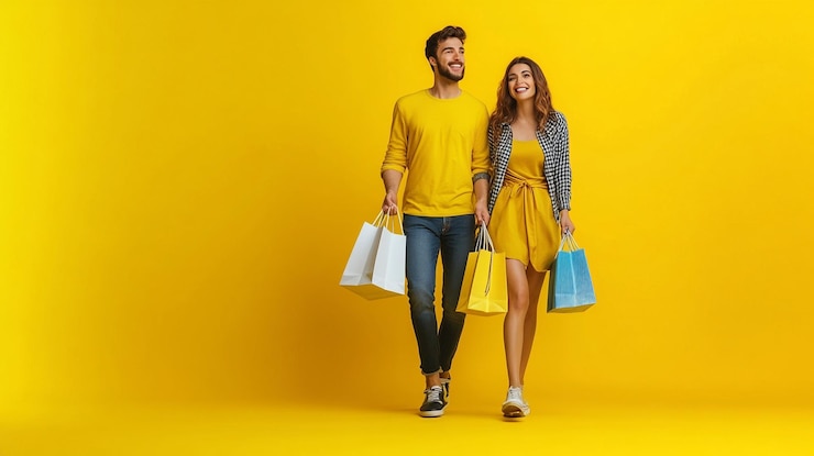 Foto um casal caminhando carregando sacos de compras olhando felizmente para a câmera sessão de fotos de corpo inteiro isolado