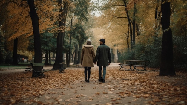 Um casal caminhando em um parque com folhas de outono no chão