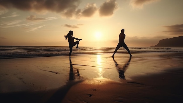 Um casal caminhando em uma praia com o sol se pondo atrás deles generative ai