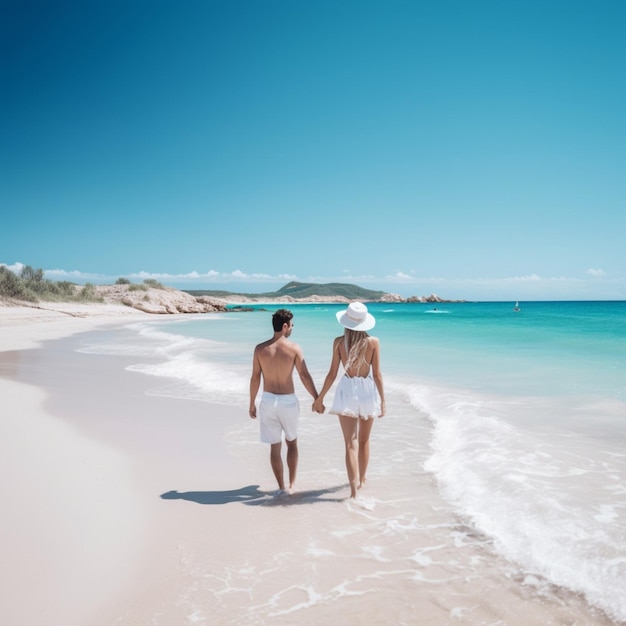 Um casal caminhando em uma praia de mãos dadas e vestindo shorts brancos.