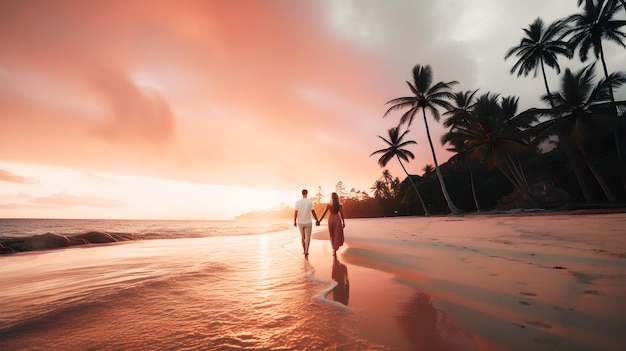 Um casal caminhando em uma praia tropical ao pôr do sol ilustração generativa ai