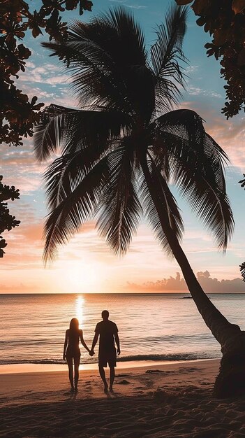 Foto um casal caminhando em uma praia tropical ao pôr do sol