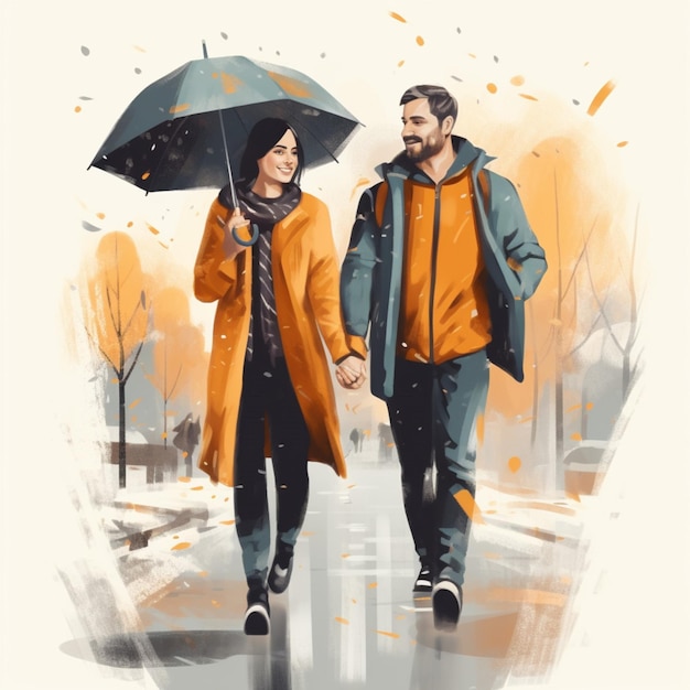 Um casal caminhando na chuva de mãos dadas.