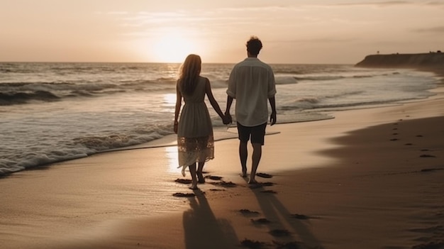 Um casal caminhando na praia de mãos dadas