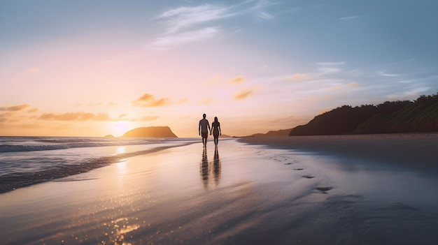 Um casal caminhando na praia