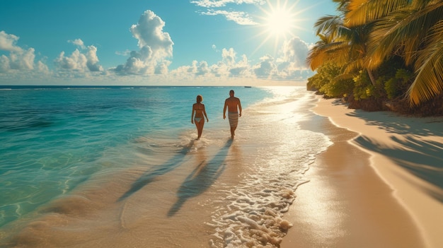 Um casal caminhando no sol da manhã em uma praia tropical baa atol Maldivas