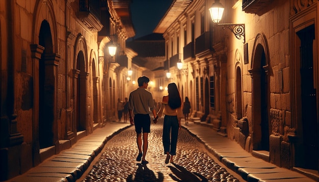 Foto um casal caminhando pela rua com um homem e uma mulher de mãos dadas