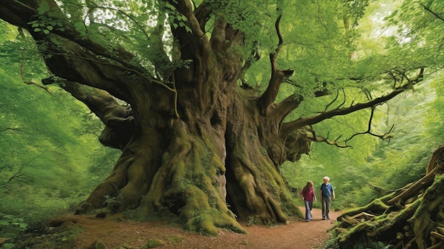 Um casal caminhando por uma floresta com um grande tronco de árvore.