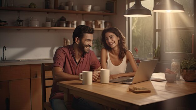 Um casal casado agradável está sentado em uma mesa em uma cozinha moderna e olhando para uma tela de laptop Jovem marido casado fazendo compras on-line ou reservando bilhetes