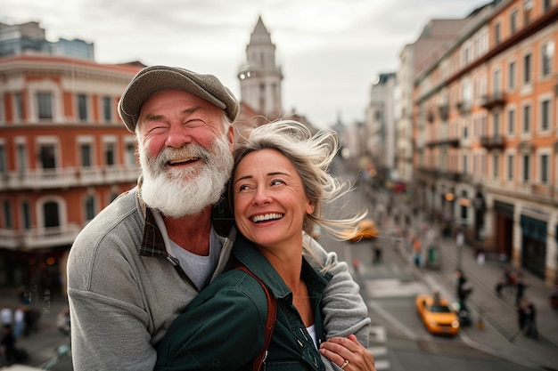 Um casal caucasiano maduro e feliz na cidade europeia.