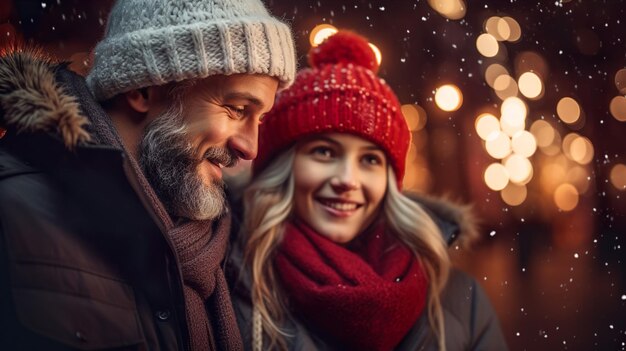 Um casal celebra a noite de Natal com uma expressão de rosto sorridente e feliz