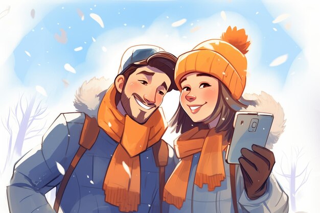 Foto um casal coberto de neve tirando uma selfie com um smartphone