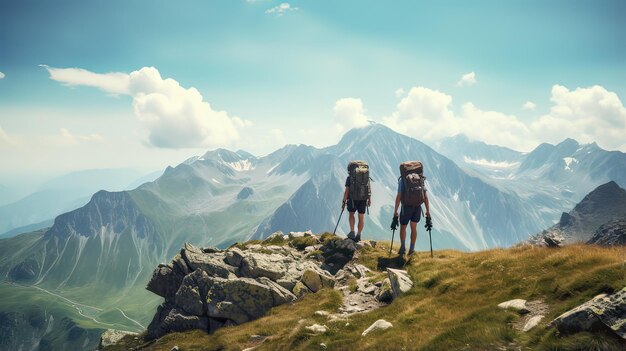 Um casal com mochilas no topo de uma montanha e desfrutando da vista