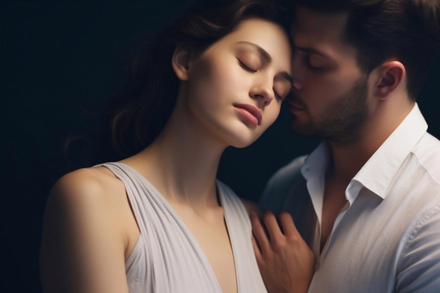 Um casal com os olhos fechados uma mulher toca no pescoço de um homem eliminado dos teus beijos
