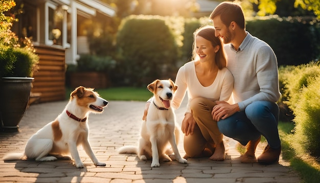 um casal com seu cachorro e um cachorro no fundo