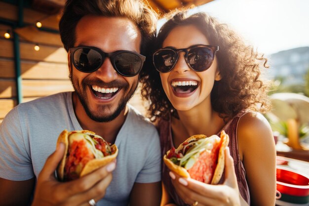 Foto um casal com tacos deliciosos.