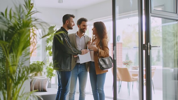 Foto um casal com um agente imobiliário a visitar uma casa à venda.