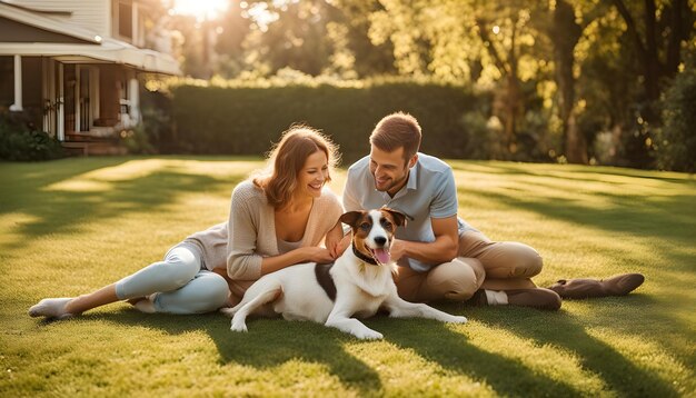 Foto um casal com um cão no parque.