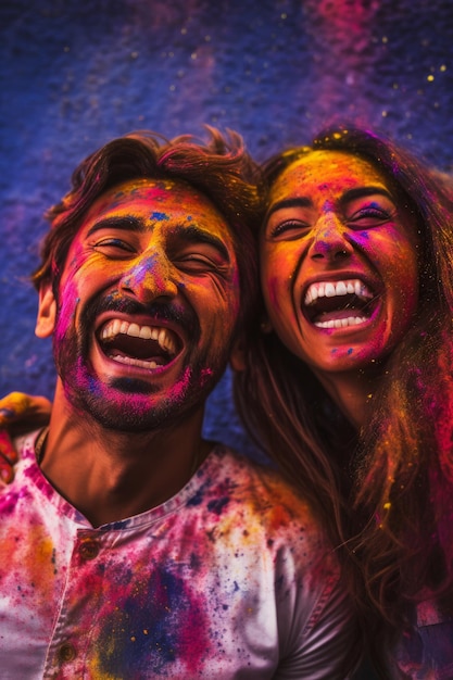 Um casal comemorando holi na Índia