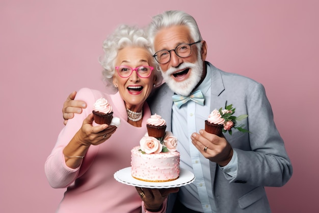 Um casal comemorando um aniversário com um bolo