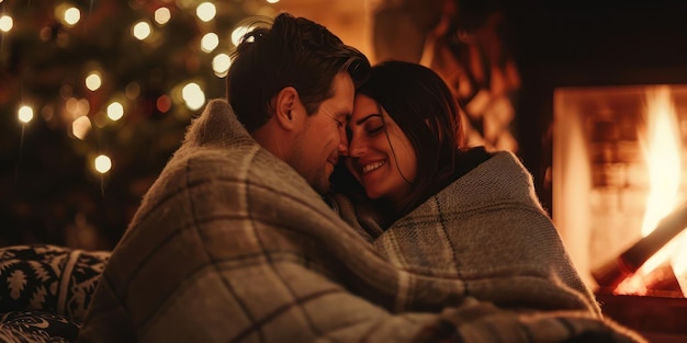 Um casal compartilhando um momento de ternura sob um cobertor perto da lareira