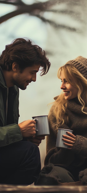 Um casal compartilhando uma xícara de chá quente em um dia frio encontrando conforto