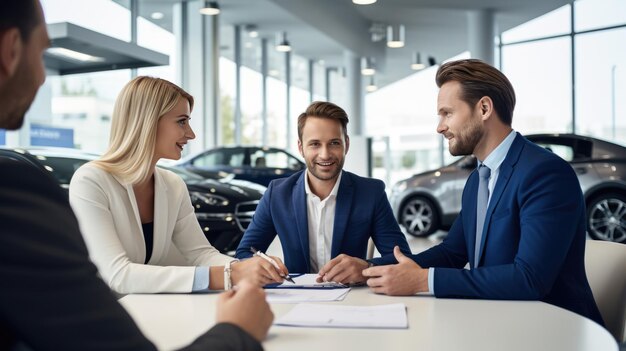 Um casal compra um carro novo assinando um contrato de compra em uma concessionária de carros