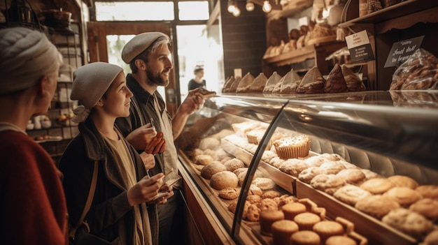 Um casal comprando doces em uma padaria