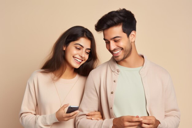 Foto um casal conectado e despreocupado abraça a tecnologia juntos em roupas casuais