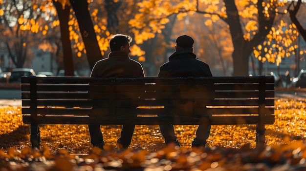 Um casal contemplativo em um banco de parque no outono