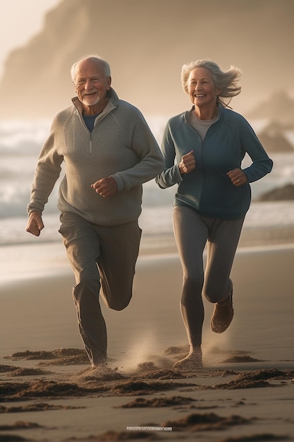 Um casal correndo em uma praia