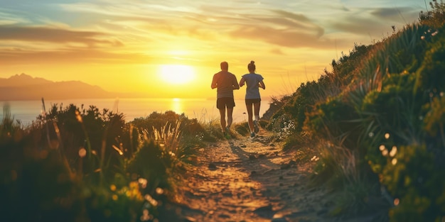 Um casal correndo juntos em uma trilha cênica ao pôr do sol