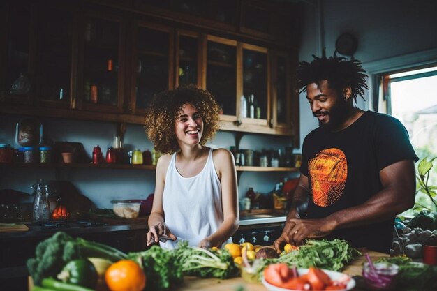 Um casal cozinhando uma refeição juntos em uma cozinha doméstica rindo e compartilhando a tarefa