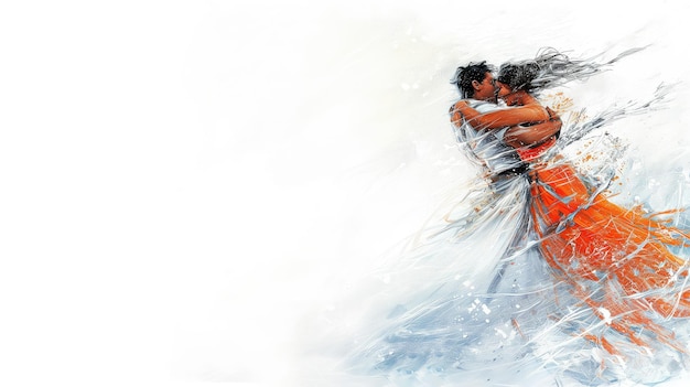 Um casal dança uma dança apaixonada Um homem de terno e uma mulher de vestido laranja