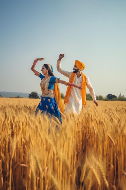 Um casal dançando em um campo de trigo