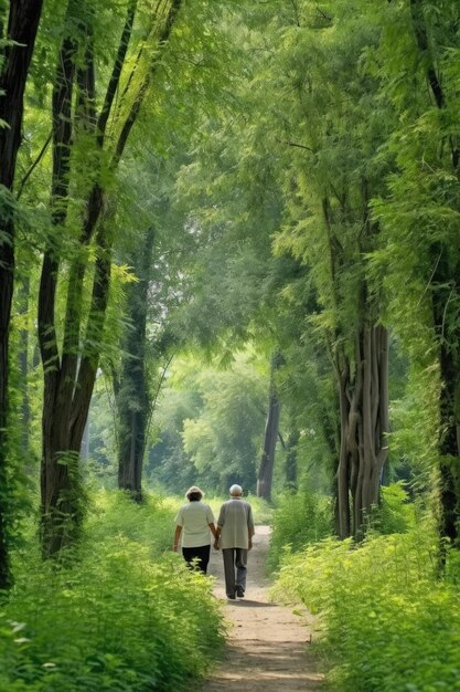 Um casal dando um passeio por uma floresta verdejante