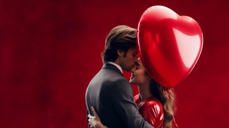 Um casal de abraços íntimos obscurecido por um balão de coração vermelho brilhante