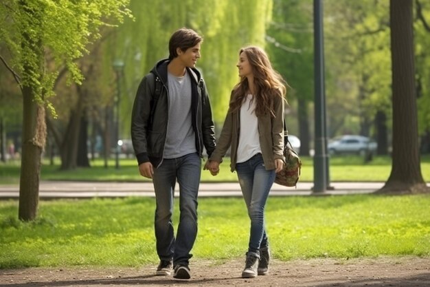 Foto um casal de adolescentes a caminhar juntos no parque.