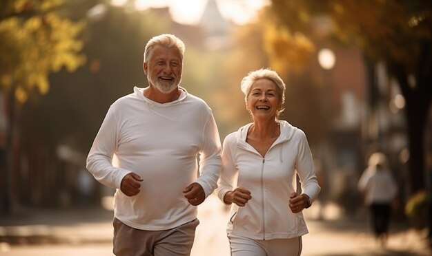 Um casal de adultos em uma corrida matinal no fundo do parque da cidade