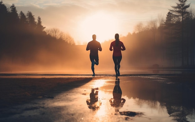 Um casal de adultos em uma corrida matinal