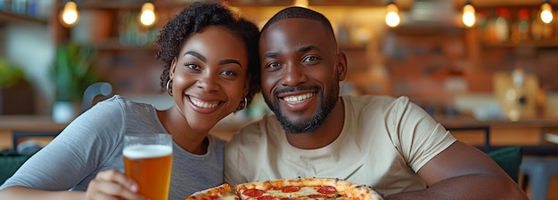 Um casal de afro-americanos deitados em seu sofá em casa desfrutando de cerveja e pizza