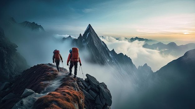 Um casal de alpinistas num vale alpino nebuloso