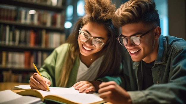 Foto um casal de alunos estudando juntos em uma biblioteca.