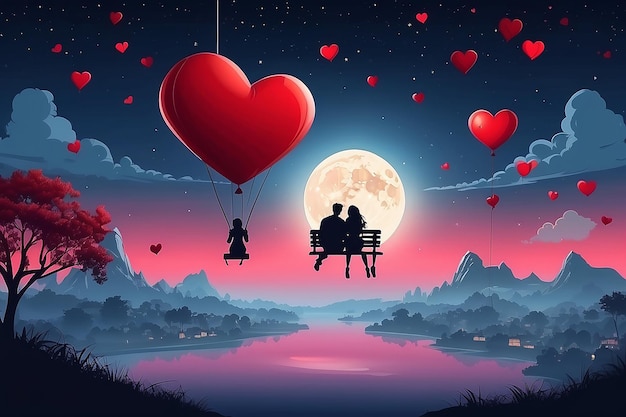 Um casal de amantes de desenhos animados está sentado em um balanço de balão de coração vermelho com a lua cheia no fundo do céu