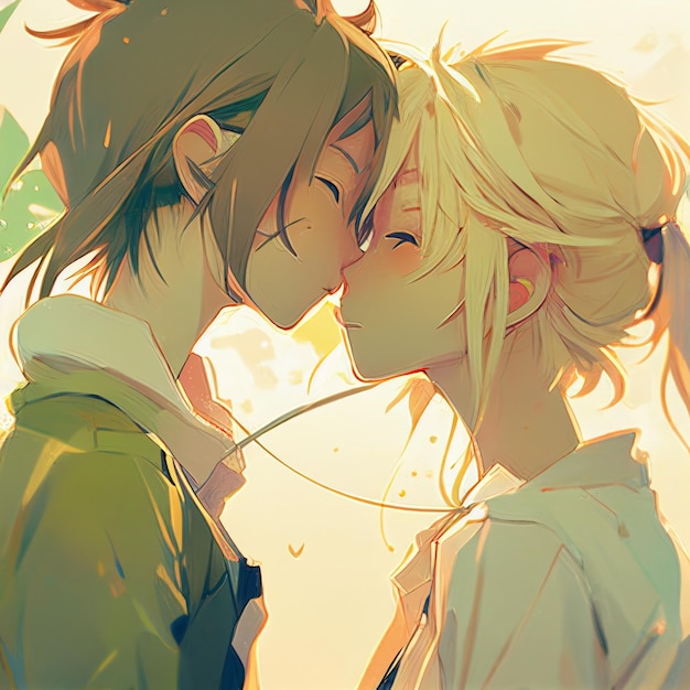 Um casal de anime se beijando ao sol com guarda-chuvas ao fundo