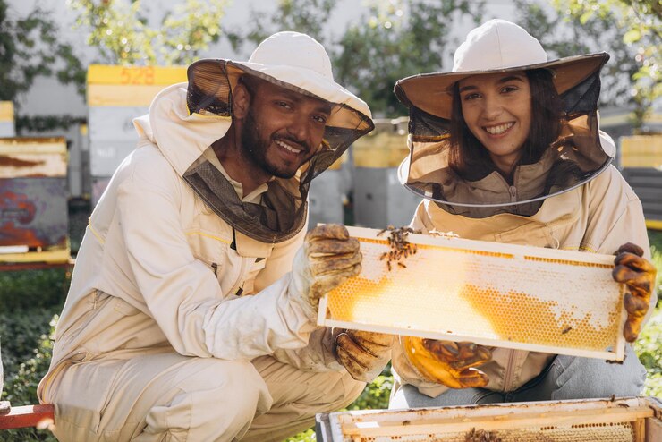 Um casal de apicultores sorridente feliz trabalhando com ferramentas de apicultura perto de uma colmeia em uma fazenda de abelhas