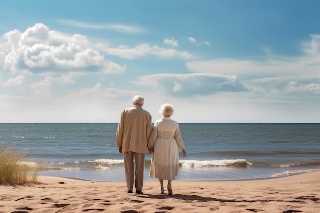 Um casal de aposentados caminha à beira-mar Viagem para idosos
