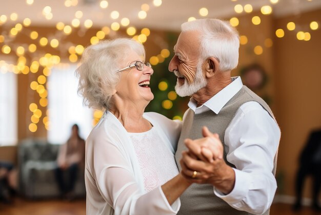 Foto um casal de aposentados feliz a dançar no casamento.