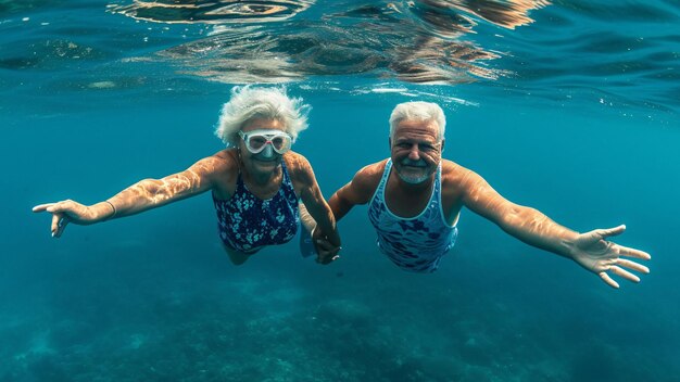 Foto um casal de aposentados feliz a mergulhar debaixo d'água um casal de idosos de mãos dadas